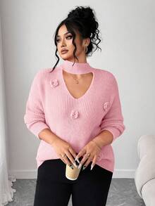 Elenzga Áo len dài tay cổ tròn choker móc vai màu trơn thanh lịch dành cho nữ cỡ lớn, thích hợp cho ngày Valentine, mùa Thu/Đông. - Hồng - Xem 1