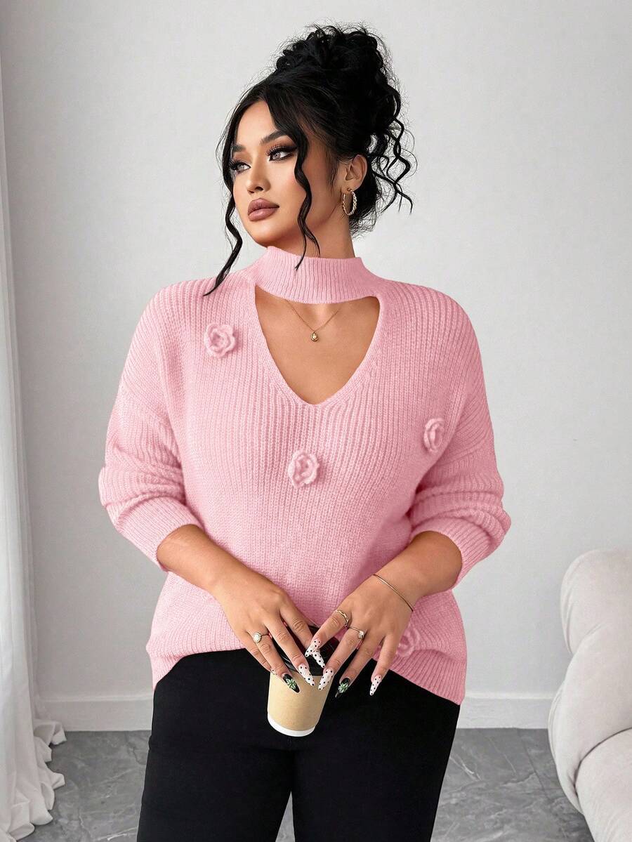 Elenzga Áo len dài tay cổ tròn choker móc vai màu trơn thanh lịch dành cho nữ cỡ lớn, thích hợp cho ngày Valentine, mùa Thu/Đông. - Hồng - Xem 1