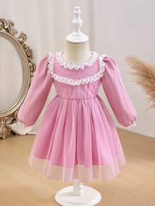 SHEIN Baby Girl Vintage Sweet Mesh Princess Dress,Elegant Dusty Pink,Autumn Birthday Party Outfit With Double Lace Collar,Lantern Sleeves & Mesh Skirt - Pink - View 3
