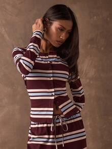 SHEIN BAE Women's Burgundy Casual Striped Print Button-Down Front Opening Slim Fit Long Sleeve T-Shirt / Park Outing / Country Home Top / Casual Top / Striped Top / Basic Style / New Year Casual Top/Casual Women Outfits/Going Out Tops For Women/Long Sleeve Tops For Women/Red Top Long Sleeve Striped Top - Burgundy - View 3