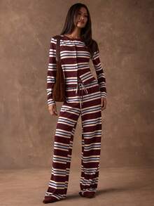 SHEIN BAE Women's Burgundy Casual Striped Print Button-Down Front Opening Slim Fit Long Sleeve T-Shirt / Park Outing / Country Home Top / Casual Top / Striped Top / Basic Style / New Year Casual Top/Casual Women Outfits/Going Out Tops For Women/Long Sleeve Tops For Women/Red Top Long Sleeve Striped Top - Burgundy - View 4