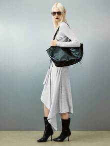 Airlisse Đầm dài tay thời trang cổ tròn ôm sát viền bất đối xứng màu trơn - Màu Xám nhạt - Xem 4