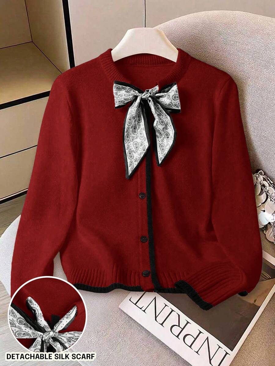 Franclia Women's Fashion Scarf Tie Collar Button Front Cardigan - Burgundy - View 1