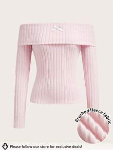 SHEIN EZwear 女士粉色罗纹针织露肩修身T恤，带蝴蝶结，性感百搭，适合派对、夜店、约会、圣诞节、新年、返校季和舒适春季穿着，打造甜美少女风。 - 粉色 - 查看 2