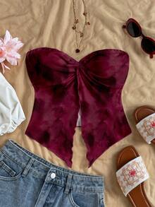 Soleia 女士休闲优雅扭结不对称下摆抹胸上衣，扎染印花，安哥拉红 - 彩色 - 查看 7