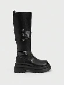 Sugerpunk 女士休闲简约过膝长靴，适合通勤，秋冬季穿着 - 黑色 - 查看 2