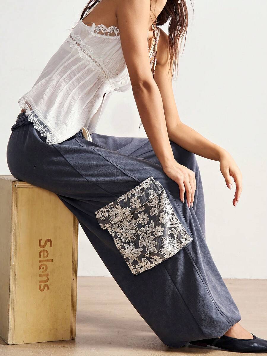 Bohemela Pantalones de chándal sueltos de punto de unicolor y cintura baja para mujer - Gris - Ver 1