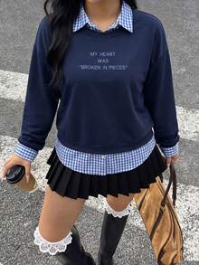 Rina Fox sweat-shirt décontracté à manches longues 2 en 1 avec col chemise, imprimé de slogan et patchwork à carreaux, taille grande pour femmes