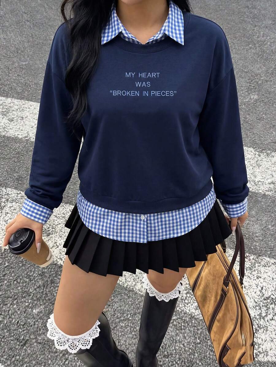 Rina Fox sweat-shirt décontracté à manches longues 2 en 1 avec col chemise, imprimé de slogan et patchwork à carreaux, taille grande pour femmes