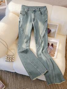 GlowEve Quần jeans ống loe ống rộng, viền tua rua, dáng thường ngày dành cho nữ - Màu xanh lam - Xem 1