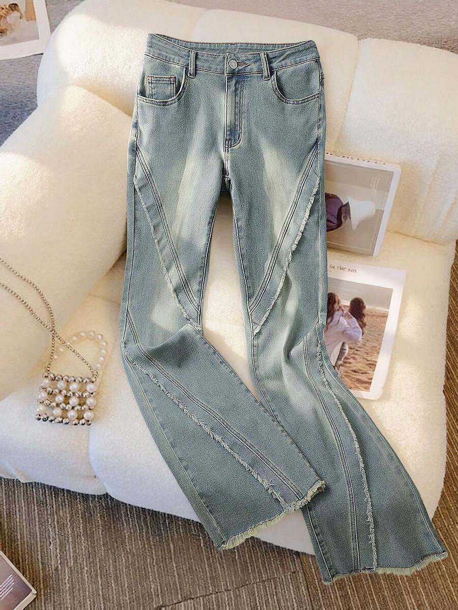 GlowEve Quần jeans ống loe ống rộng, viền tua rua, dáng thường ngày dành cho nữ - Màu xanh lam - Xem 1