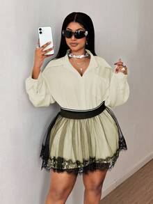 Maweii Plus Size Shirt & Mesh Skirt 2 Pieces Set - Apricot - View 6