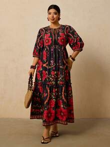 Travachic Plus Size Women's Pink & Green Tropical Plant Print Maxi Dress, V-Neck Tie Bow Long Sleeve Loose Casual Dress, Early Autumn Boho Dress Women Summer Dresses For Women With Sleeves Resort Dresses For Women Floral Print Dress French Dresses For Women Autumn Dress Going Out Dress Fall Clothes Fall Clothes Plus Size Autumn Clothes Wedding Guest Dress Elegant Old Money Beach Outfits For Woman Resort Wear Women Ibiza Outfit - Multicolor - View 7