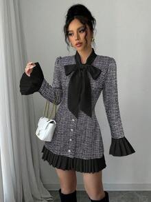 Selianne 秋冬季蝴蝶结领撞色褶裥短裙 - 粉色 - 查看 5