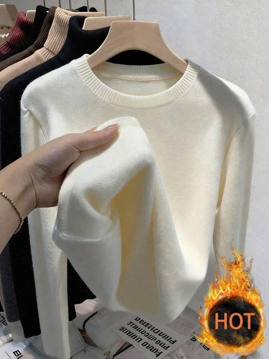 Franclia 休闲百搭女式T恤，秋冬款T恤，圆领长袖女式T恤，杏色T恤