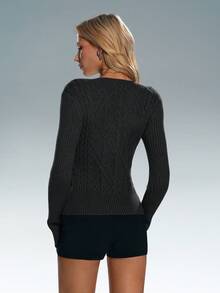 SHEIN TRNDY Women's Casual V-Neck Textured Slim Fit Relaxed Sweater, Long Sleeve - Dark Grey - View 2