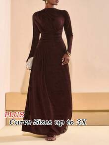 Veslaya 春夏新款音乐节、复活节、圣帕特里克节、西部风、游牧风、生日派对、毕业典礼、学院风、学生装、日常休闲、百搭基础款、休闲、邮轮旅行、海滩、日光浴、爆款、街头风、婚礼宾客波西米亚风、通勤、早午餐、机场、复古乡村风、修身圆领长袖褶皱长裙、女士大码、棕色亮面面料 - 棕色 - 查看 5