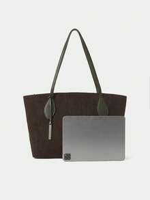 SHECARRY 女士顶级PU皮革秋冬学校旅行通勤工作优雅手提包大容量手柄包 - 軍綠色 - 查看 3