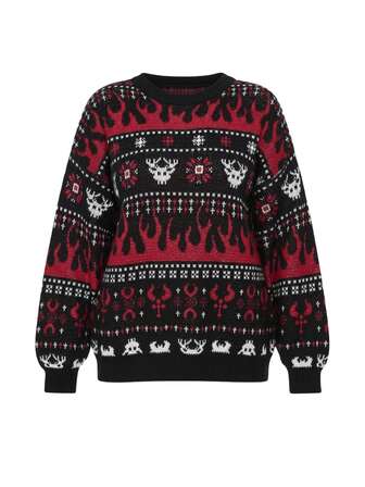 Goth Suéter holgado de punto con estampado de calavera y llamas, talla grande, para otoño/invierno