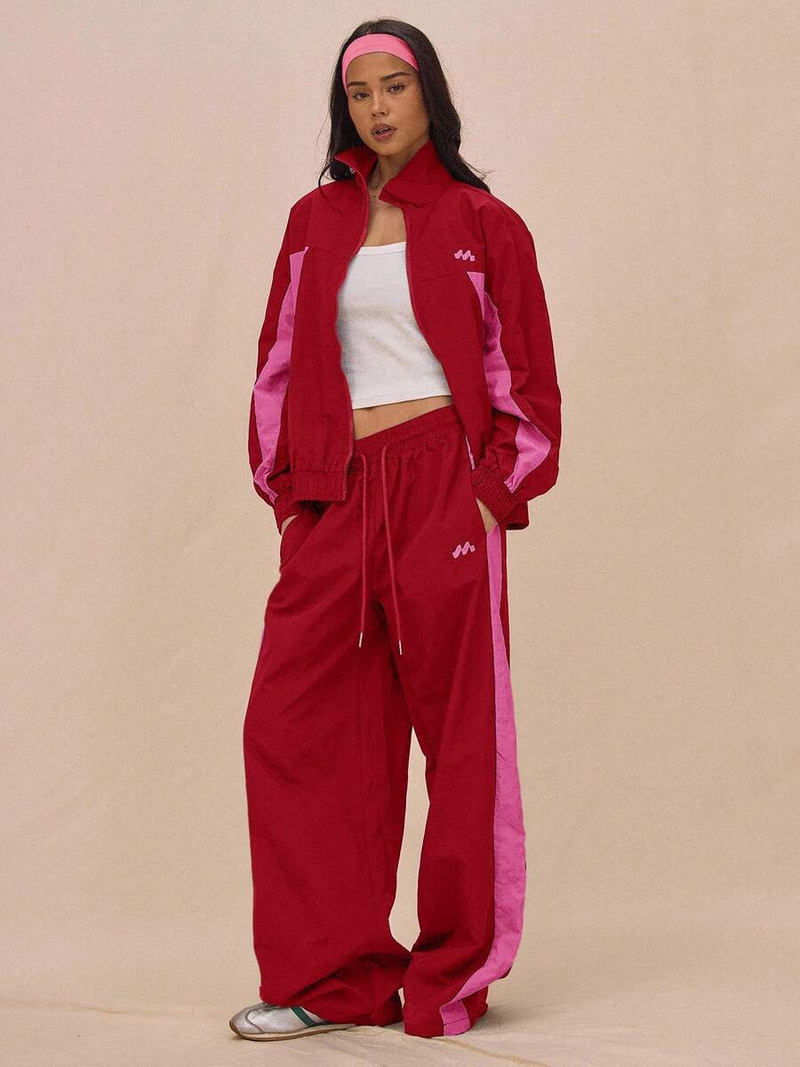 MUSERA Drawstring Waist Nylon Contrast Panel Wide Leg Tracksuit Bottoms Only Airport Casual The Book Shop Fall Autumn Summer - Burgundy - View 1