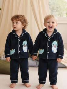 2pcs/Set Baby BoyCute Dinosaur Plush Thick Cardigan & Pants Pajama Set, Comfortable Soft Fabric, Suitable For Autumn/Winter - Royal Blue - View 1