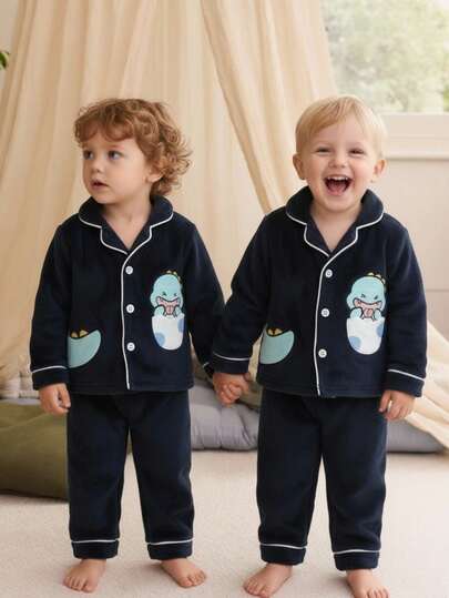 2 st/set Baby PojkeSöt Dinosaurie Plysch Tjock Kofta & Byxor Pyjamas Set, Bekvämt Mjukt Tyg, Lämplig För Höst/Vinter