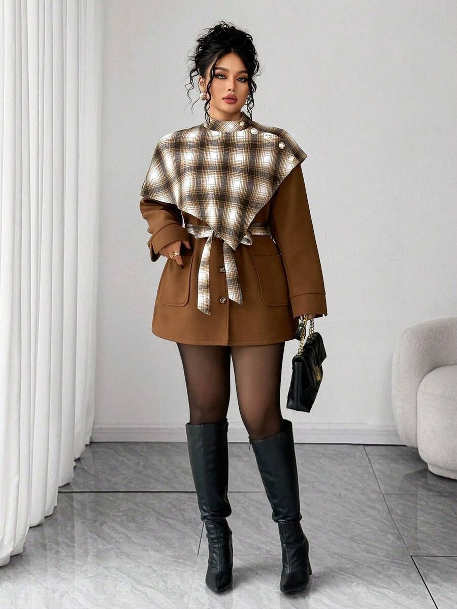 Elenzga Women's Pink And Grey Autumn Elegant Plaid Pattern Long Sleeve Poncho-Style Jacket,Waist Cinched Minimalist Coat With Pockets For Office Work Commute - Coffee Brown - View 1