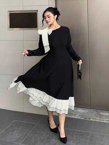 Dazy Plus Valentine Plus Size Elegant Bowknot Tie Shoulder Splice Ruffle Hem Bodycon Party Maxi Dress, Black, Spring/Autumn - Black - View 4