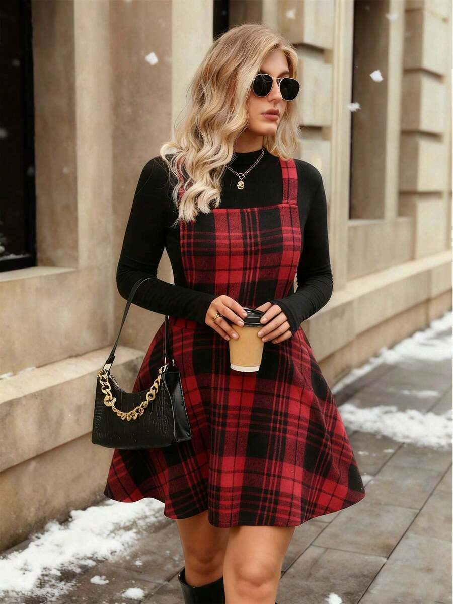 EMERY ROSE Váy kẻ caro cổ điển cỡ lớn màu đỏ, phù hợp cho các ngày lễ, Giáng sinh và năm mới, váy ngắn có dây đeo thời trang, lưng chéo, váy kẻ caro lãng mạn cổ điển - Đỏ - Xem 1