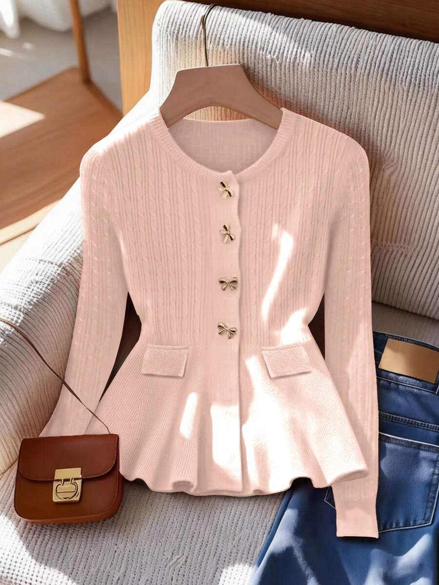 Elegant Chic Minimalistisk Ihålig Rund Hals Långärmad Volang Fållficka Metallisk Rosett Knapp Twist Textur Damtröja, Höst/Vinter - Rosa - Visa 1