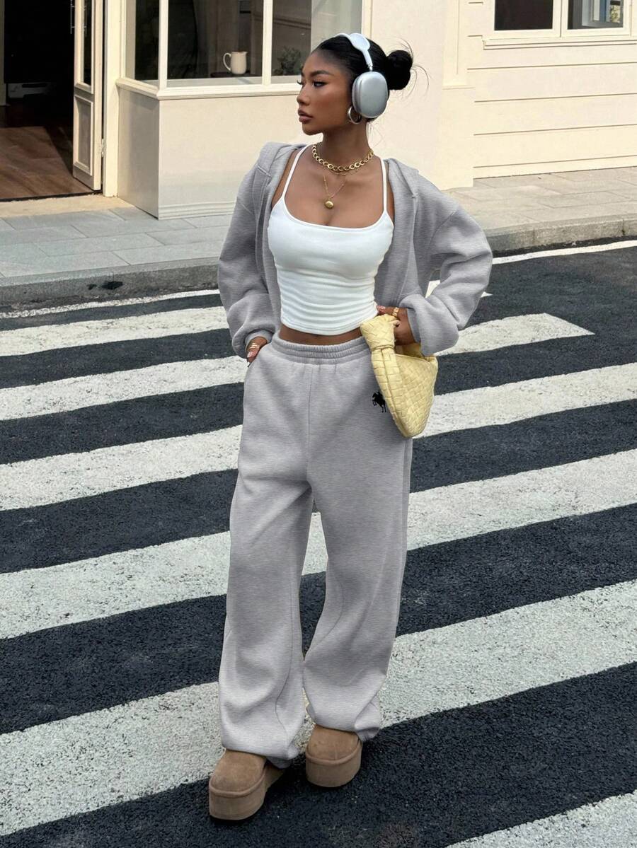 Muchica 女士纯色落肩长袖宽松休闲两件套 - 淺灰色 - 查看 1