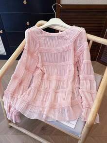 GlowEve 女士时尚纯色半透明长袖衬衫 - 粉色 - 查看 2