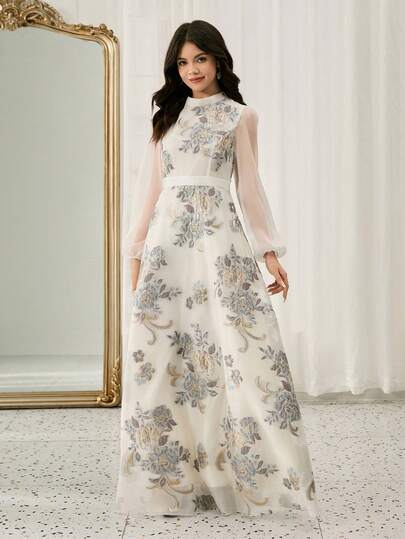 高端提花纹理雪纺拼接立领长袖A字长裙，适合婚礼、晚宴、演出、生日、派对等场合。