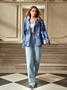 SHEIN Frenchy 女士拼接图案长袖翻领休闲双排扣宽松牛仔外套 - 彩色 - 查看 6