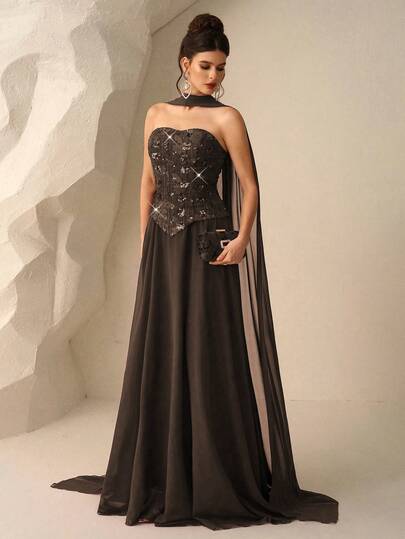 Coutiva Vestido elegante con mangas largas y adornos de lentejuelas, vestido de gala de alta gama para banquetes