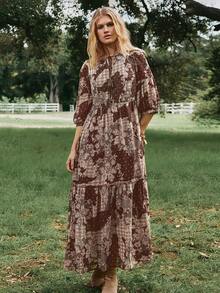Freevana 波西米亚风佩斯利印花雪纺连衣裙，度假必备波西米亚风单品 - 咖啡棕 - 查看 8