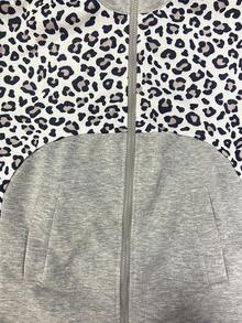 Franclia Women's Casual Fashion Street Chic Leopard Print Patchwork Zip-Up Stand Collar Jacket And Straight Leg Pants Set, Spring/Autumn - Grey - View 3