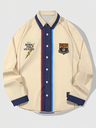 Street Life Herren Hemd mit Buchstabe Muster und Kontrastfarbe, Langarm, Einreiher, Lässig