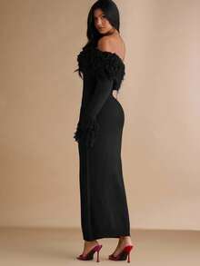 Silquee 女士时尚优雅露肩修身毛衣连衣裙，秋冬季款 - 黑色 - 查看 2