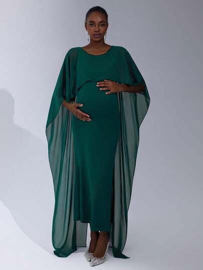 Cheriluna Maternity 纯色长款孕妇连衣裙，披肩袖，绿色褶皱