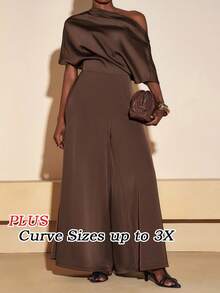 Chocolate Brown,Autumn,Curve,Elegant,Cocktail Plus Size Satin Jumpsuit,Asymmetric Shoulder Design Wide Leg Pants With Pockets Wedding Guest Boho Party - Brown - View 6