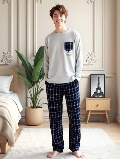 SHEIN Teen Boys Pajamas PJs Minimalist Silhouette Heather Gray Patchwork Contrast Color Letter Print Plaid Pants Loungewear Set, Casual Collegiate Comfortable Fashion Versatile Soft Fabric Suitable For Daily & Home Wear
