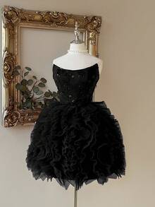 Lovelzi Elegant Burgundy Sequin Embroidery Mesh Puff A-Line Ballgown - Black - View 6