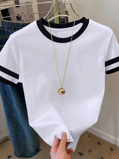 Resyla Women's Casual Color Block Round Neck Short Sleeve T-Shirt, Summer