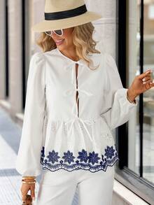 Solivie 女士刺绣系带灯笼袖时尚衬衫 - 白色 - 查看 6