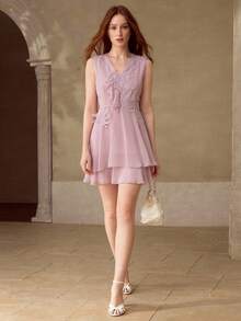 MOTF PREMIUM WOMEN'S WAIST CINCHED SHORT DRESS, ETHEREAL STYLE, AUTUMN/WINTER - Dusty Pink - View 4