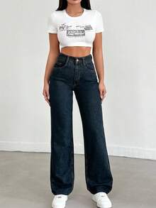 SHEIN 100%Cotton Women's Wide Leg Denim Pants - Dark Wash - View 4
