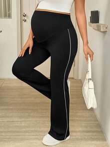 SHEIN 孕妇撞色滚边高腰优雅修身裤 - 黑色 - 查看 4