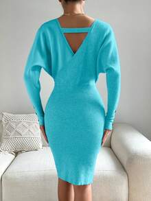 EMERY ROSE Women's Elegant Overlap Collar Batwing Sleeve Sweater Dress, Autumn/Winter