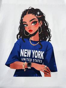 SHEIN ChillGRL Conjunto de 2 piezas de camiseta de manga corta con cuello redondo y estampado gráfico de personajes, y pantalones cargo de ajuste holgado con bolsillo, informal para adolescentes, verde militar, adecuado para uso diario y al aire libre - azul real - Ver 5